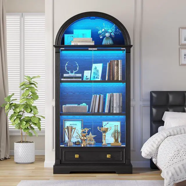 Main image of Display Cabinet with Glass Doors, 72" Tall Arched Curio Cabinet with Human Sensor Lights, 4-Tier Glass Display Case for Collectibles Bookcase Living Room Office, Black