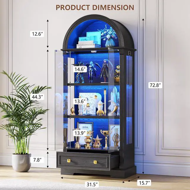 Alt view image 2 of 6 - Display Cabinet with Glass Doors, 72" Tall Arched Curio Cabinet with Human Sensor Lights, 4-Tier Glass Display Case for Collectibles Bookcase Living Room Office, Black