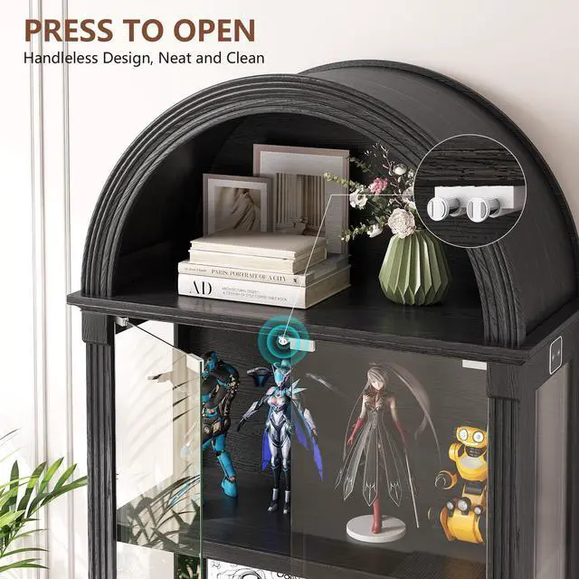 Alt view image 3 of 6 - Display Cabinet with Glass Doors, 72" Tall Arched Curio Cabinet with Human Sensor Lights, 4-Tier Glass Display Case for Collectibles Bookcase Living Room Office, Black