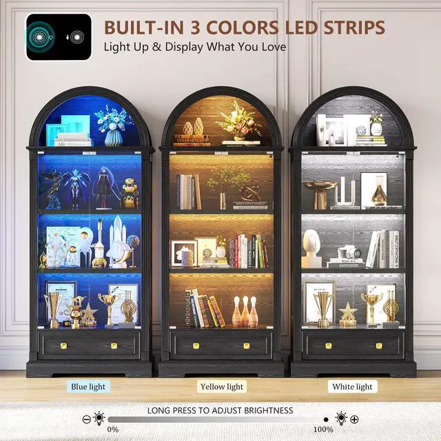 Alt view image 4 of 6 - Display Cabinet with Glass Doors, 72" Tall Arched Curio Cabinet with Human Sensor Lights, 4-Tier Glass Display Case for Collectibles Bookcase Living Room Office, Black