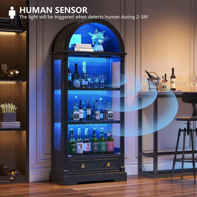Alt view image 5 of 6 - Display Cabinet with Glass Doors, 72" Tall Arched Curio Cabinet with Human Sensor Lights, 4-Tier Glass Display Case for Collectibles Bookcase Living Room Office, Black