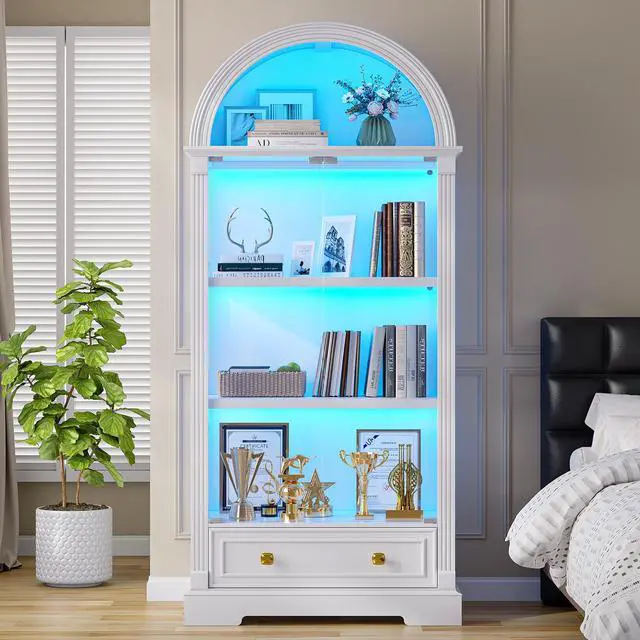 Main image of Arched Display Cabinet with Glass Doors, 72" Tall Curio Cabinet with Human Sensor Lights, 4-Tier Glass Display Case for Collectibles Bookcase Office, White
