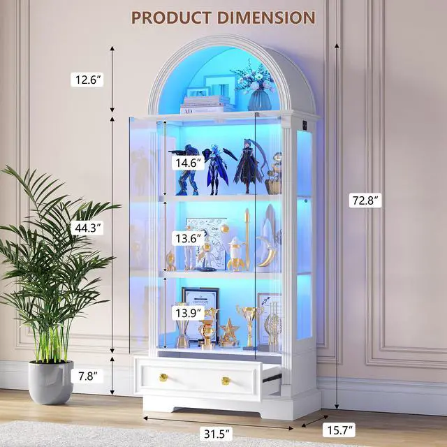 Alt view image 2 of 6 - Arched Display Cabinet with Glass Doors, 72" Tall Curio Cabinet with Human Sensor Lights, 4-Tier Glass Display Case for Collectibles Bookcase Office, White