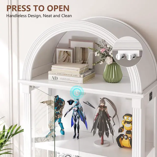 Alt view image 3 of 6 - Arched Display Cabinet with Glass Doors, 72" Tall Curio Cabinet with Human Sensor Lights, 4-Tier Glass Display Case for Collectibles Bookcase Office, White