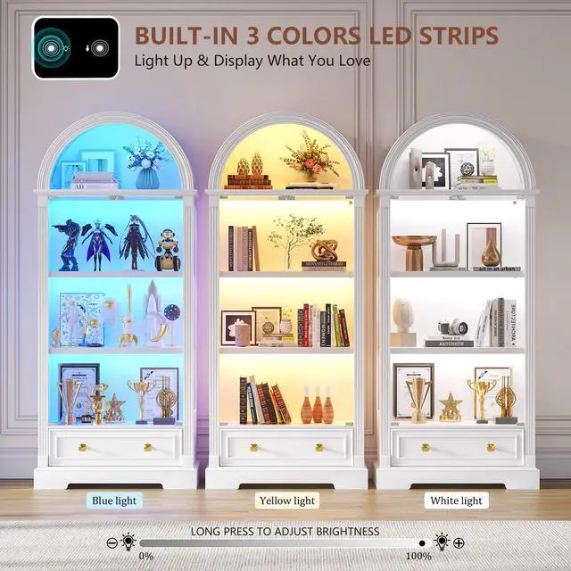 Alt view image 4 of 6 - Arched Display Cabinet with Glass Doors, 72" Tall Curio Cabinet with Human Sensor Lights, 4-Tier Glass Display Case for Collectibles Bookcase Office, White