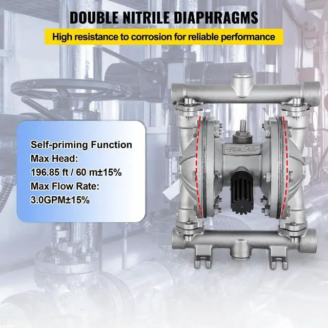 Alt view image 4 of 6 - Air-Operated Double Diaphragm Pump, 1/2 in Inlet & Outlet, Stainless Steel Body, 8.8 GPM & Max 120PSI, PTFE Diaphragm Pneumatic Transfer Pump for Petroleum, Diesel, Oil & Low Viscosity Fluids