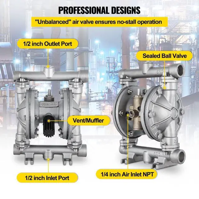 Alt view image 5 of 6 - Air-Operated Double Diaphragm Pump, 1/2 in Inlet & Outlet, Stainless Steel Body, 8.8 GPM & Max 120PSI, PTFE Diaphragm Pneumatic Transfer Pump for Petroleum, Diesel, Oil & Low Viscosity Fluids