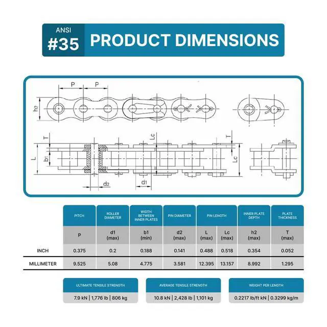 Alt view image 3 of 6 - PGN #35 Roller Chain - 100 Feet + 10 Free Connecting Links - Carbon Steel Chains for Bycicles, Mini Bikes, Motorcycles, Go-Karts, Home and Industrial Machinery