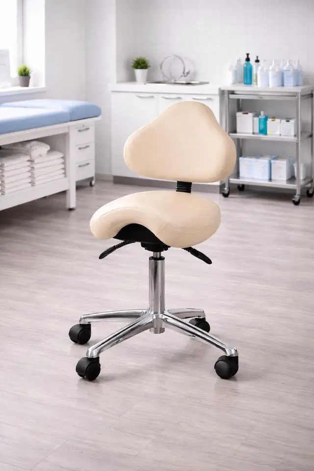 Alt view image 2 of 6 - Ergonomic Saddle Chair with Back | Rolling Office Task Stool Adjustable Height Tilt Recline | Padded Seat for Medical Professionals, Dentists, and Artists (Beige), Single, Set of 1