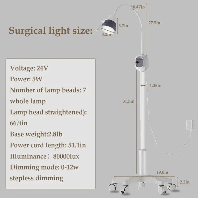 Alt view image 6 of 6 - Surgical Examination Light Lamp 5W/12W Floor Stand Type Medical Exam Lamp, w/Universal Wheels Mobile Shadow Less Flexible Gooseneck LED Exam (12W Upgraded Inspection Light)