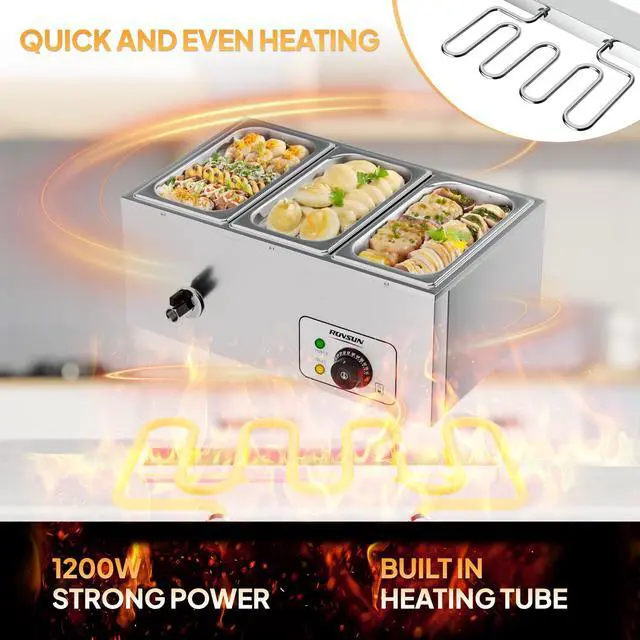 Alt view image 2 of 6 - 21 QT 3 Pan Commercial Electric Food Warmer, Counter Top Electric Bain-Marie with Warming Plate, Steam Table Food Warmer for Catering, Parties Buffet and Restaurant, Stainless Steel, 1200W