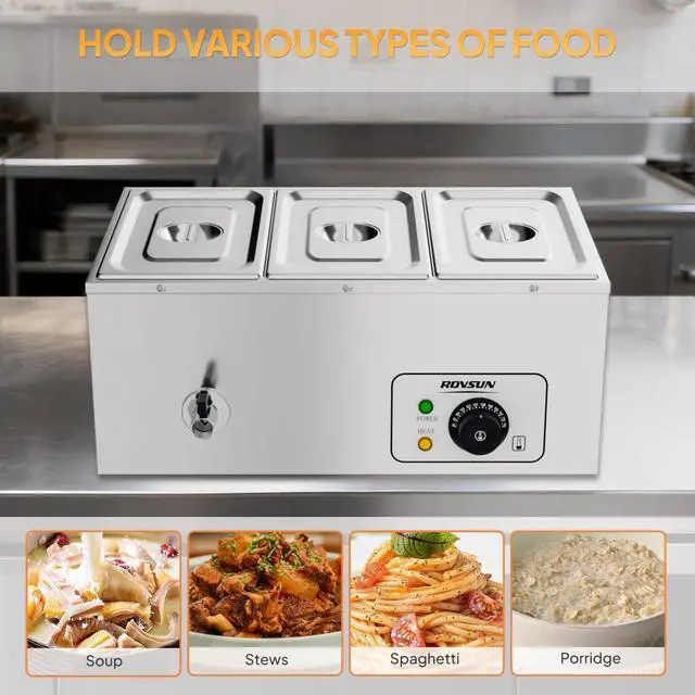 Alt view image 6 of 6 - 21 QT 3 Pan Commercial Electric Food Warmer, Counter Top Electric Bain-Marie with Warming Plate, Steam Table Food Warmer for Catering, Parties Buffet and Restaurant, Stainless Steel, 1200W