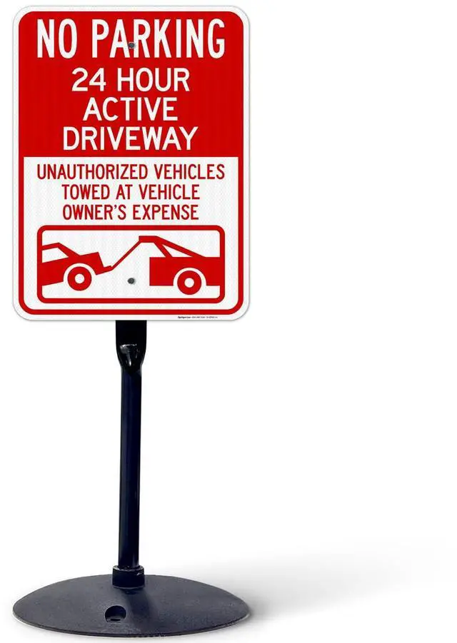 Main image of No Parking 24 Hour Active Driveway Unauthorized Vehicles Towed with Graphic Sign, 18x24 Inches, 3M EGP Reflective with Post & Cast Iron Base Stand Set Made in USA by