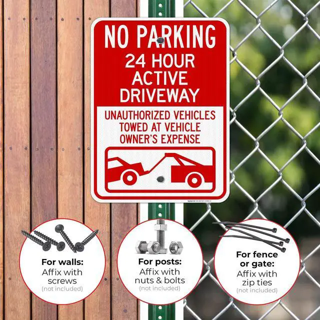 Alt view image 2 of 6 - No Parking 24 Hour Active Driveway Unauthorized Vehicles Towed with Graphic Sign, 18x24 Inches, 3M EGP Reflective with Post & Cast Iron Base Stand Set Made in USA by