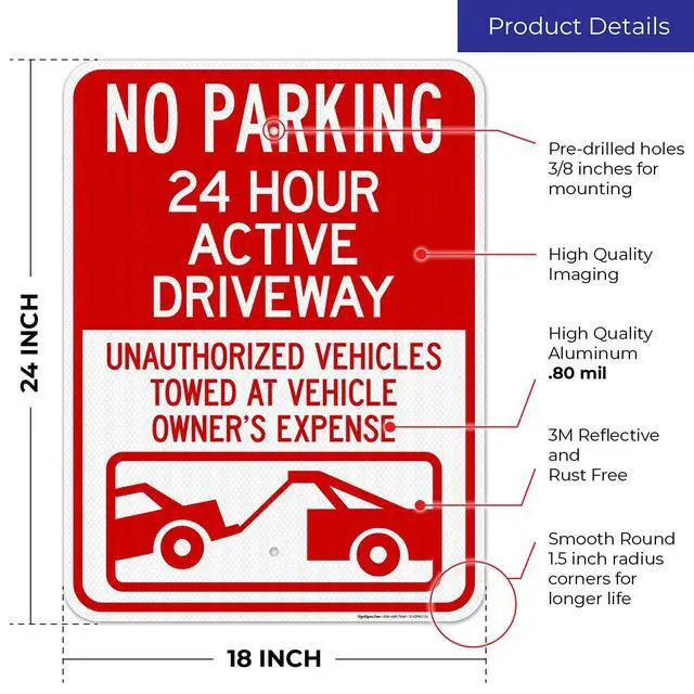 Alt view image 3 of 6 - No Parking 24 Hour Active Driveway Unauthorized Vehicles Towed with Graphic Sign, 18x24 Inches, 3M EGP Reflective with Post & Cast Iron Base Stand Set Made in USA by