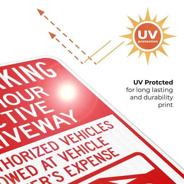 Alt view image 5 of 6 - No Parking 24 Hour Active Driveway Unauthorized Vehicles Towed with Graphic Sign, 18x24 Inches, 3M EGP Reflective with Post & Cast Iron Base Stand Set Made in USA by