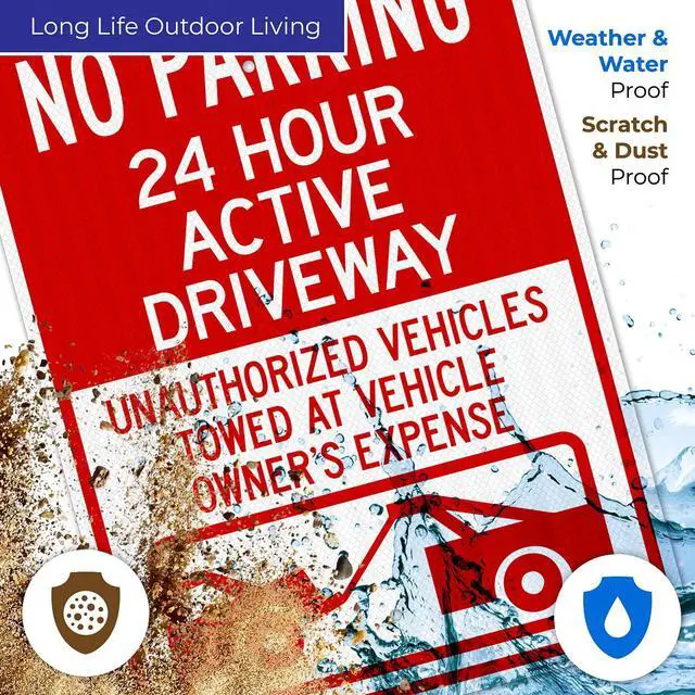 Alt view image 6 of 6 - No Parking 24 Hour Active Driveway Unauthorized Vehicles Towed with Graphic Sign, 18x24 Inches, 3M EGP Reflective with Post & Cast Iron Base Stand Set Made in USA by