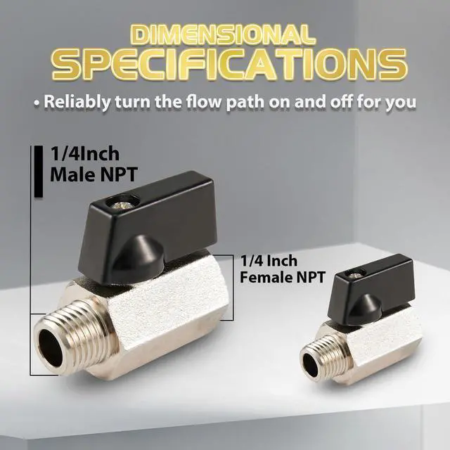 Alt view image 2 of 6 - 50-Pack Brass Mini Ball Valve Shut-off Valve with Black Handle, 1/4" NPT Male x 1/4" NPT Female Thread Pipe Fitting