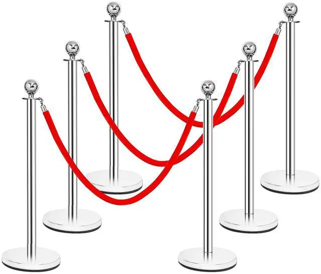 Main image of 6Pcs Stainless Steel Stanchion Set, Stanchions and 5FT Red Velvet Ropes, Round Top Polished Silver Stanchion Posts Queue Line Pole, Crowd Control Safety Barriers for Theaters, Museum, Party