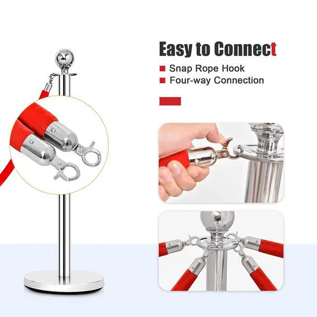 Alt view image 2 of 6 - 6Pcs Stainless Steel Stanchion Set, Stanchions and 5FT Red Velvet Ropes, Round Top Polished Silver Stanchion Posts Queue Line Pole, Crowd Control Safety Barriers for Theaters, Museum, Party