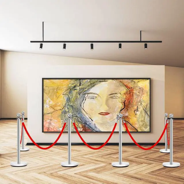 Alt view image 3 of 6 - 6Pcs Stainless Steel Stanchion Set, Stanchions and 5FT Red Velvet Ropes, Round Top Polished Silver Stanchion Posts Queue Line Pole, Crowd Control Safety Barriers for Theaters, Museum, Party