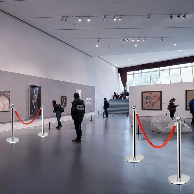 Alt view image 4 of 6 - 6Pcs Stainless Steel Stanchion Set, Stanchions and 5FT Red Velvet Ropes, Round Top Polished Silver Stanchion Posts Queue Line Pole, Crowd Control Safety Barriers for Theaters, Museum, Party