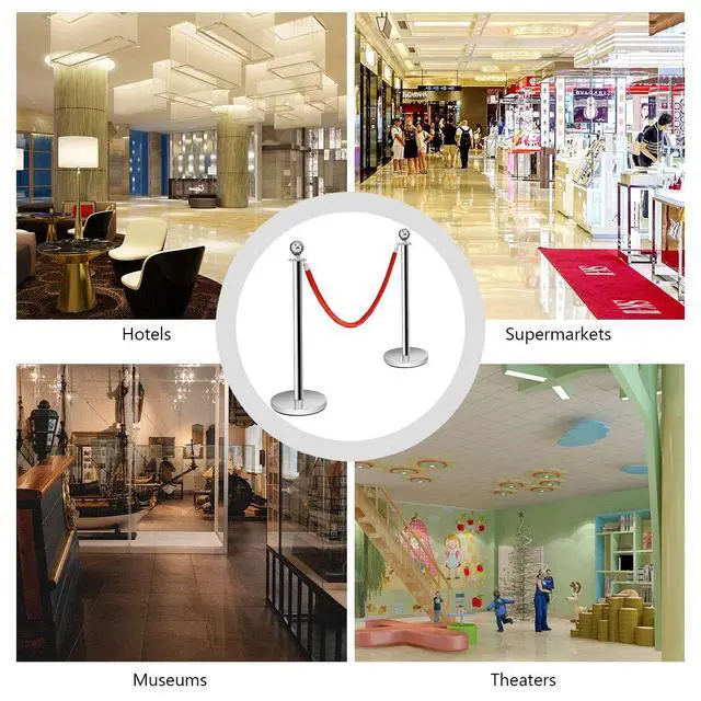 Alt view image 6 of 6 - 6Pcs Stainless Steel Stanchion Set, Stanchions and 5FT Red Velvet Ropes, Round Top Polished Silver Stanchion Posts Queue Line Pole, Crowd Control Safety Barriers for Theaters, Museum, Party