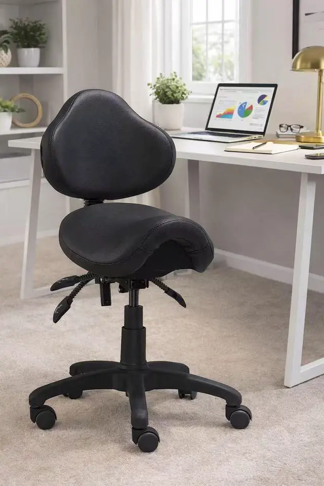 Alt view image 2 of 6 - Ergonomic Adjustable Rolling Saddle Stool Chair with Back Wheels Support for Clinic Hospital Pharmacy Medical Beauty Lab Exam Office Technician Physical Therapy, Single, Set of 1