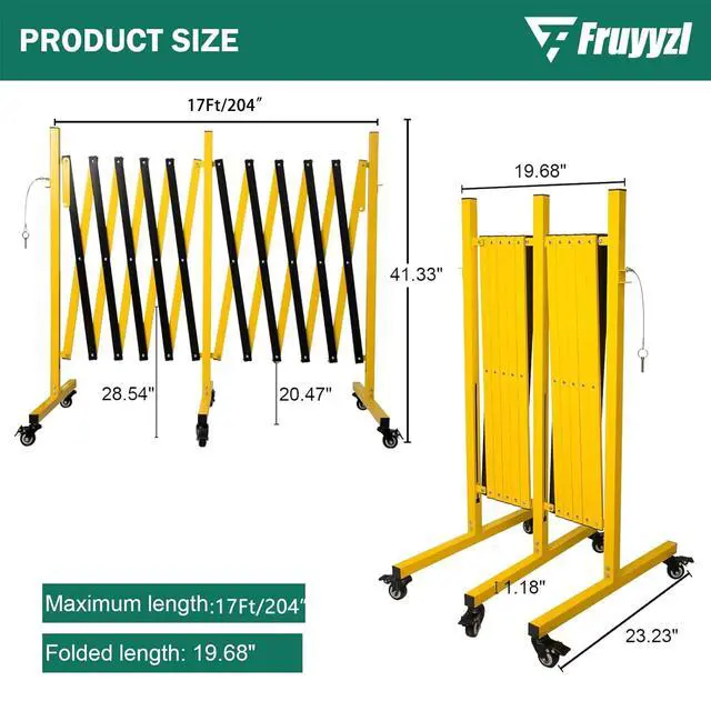 Alt view image 2 of 6 - Industrial Expandable Metal Barricade 17 Feet, Yellow and Black Mobile Safety Barrier Gate, Retractable Traffic Fence with Casters, Folding Expandable Barricade for Road Construction, Garage