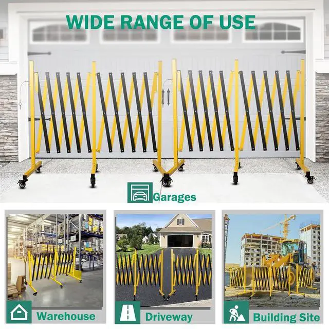 Alt view image 6 of 6 - Industrial Expandable Metal Barricade 17 Feet, Yellow and Black Mobile Safety Barrier Gate, Retractable Traffic Fence with Casters, Folding Expandable Barricade for Road Construction, Garage