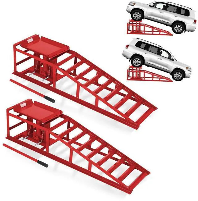 Main image of Hydraulic Car Ramps 2-Pack, 11000 LBS Low Profile Portable Car Lift Ramp for Oil Change & Garage Repair, Heavy Duty Steel Ramps for Trucks/Low Cars (Red) (red, 5 T)