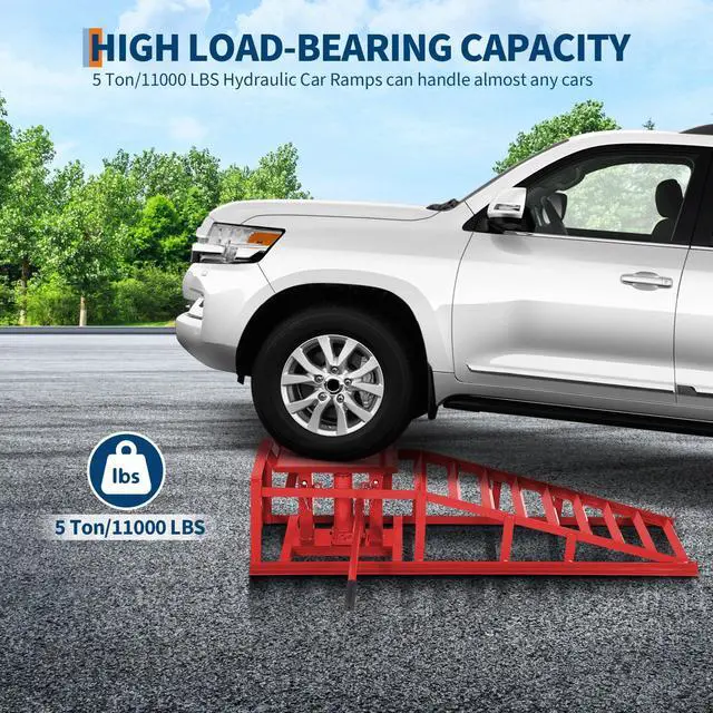 Alt view image 2 of 6 - Hydraulic Car Ramps 2-Pack, 11000 LBS Low Profile Portable Car Lift Ramp for Oil Change & Garage Repair, Heavy Duty Steel Ramps for Trucks/Low Cars (Red) (red, 5 T)