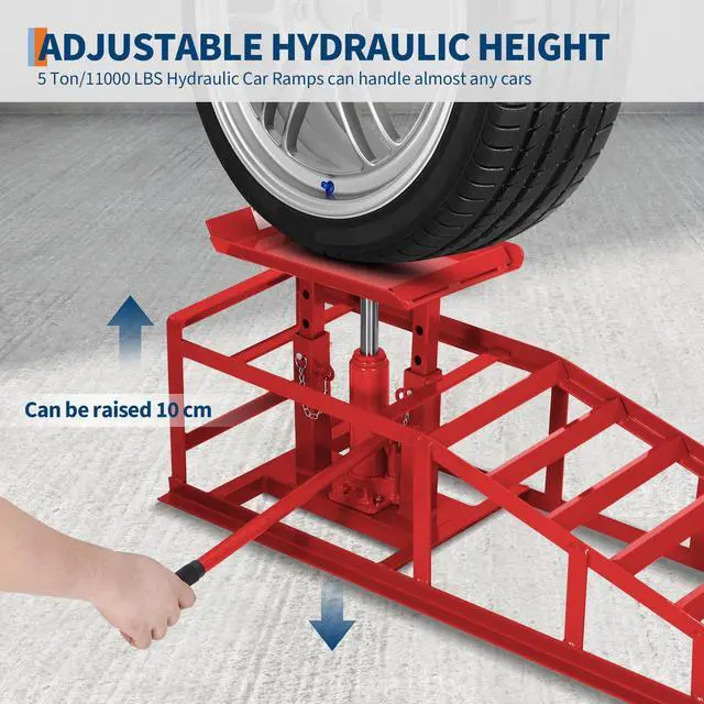 Alt view image 3 of 6 - Hydraulic Car Ramps 2-Pack, 11000 LBS Low Profile Portable Car Lift Ramp for Oil Change & Garage Repair, Heavy Duty Steel Ramps for Trucks/Low Cars (Red) (red, 5 T)