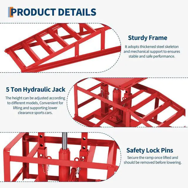Alt view image 5 of 6 - Hydraulic Car Ramps 2-Pack, 11000 LBS Low Profile Portable Car Lift Ramp for Oil Change & Garage Repair, Heavy Duty Steel Ramps for Trucks/Low Cars (Red) (red, 5 T)