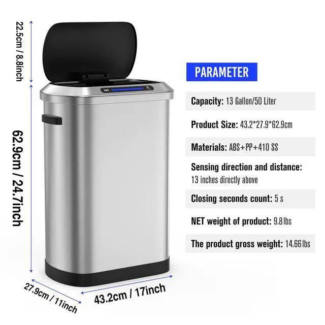 Alt view image 4 of 6 - Smart Automatic Trash Can with Lid 13 Gallon, Stainless Steel Thickened Body & Super Mute Sensor Lid with 30 Count Garbage Bags for Kitchen Office Bedroom Waste Bin and More - Silver