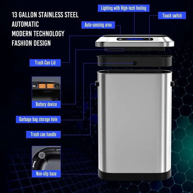 Alt view image 6 of 6 - Smart Automatic Trash Can with Lid 13 Gallon, Stainless Steel Thickened Body & Super Mute Sensor Lid with 30 Count Garbage Bags for Kitchen Office Bedroom Waste Bin and More - Silver