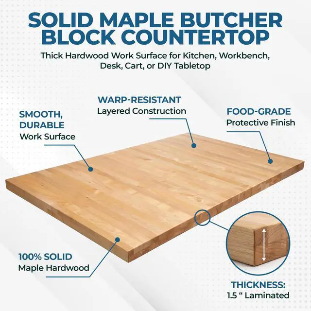 Alt view image 2 of 6 - Solid Maple Butcher Block Countertop - 1.5 Thick Hardwood Work Surface for Kitchen, Workbench, Desk, Cart, or DIY Tabletop (60"L x 24"W)