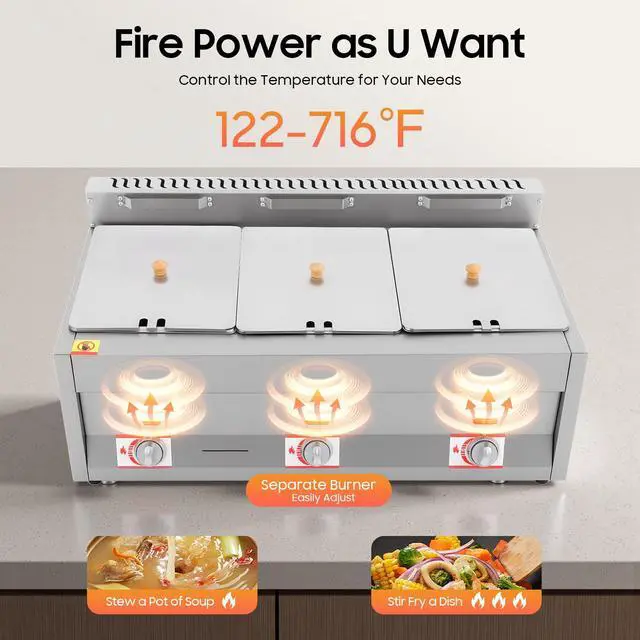 Alt view image 2 of 6 - LPG Gas Deep Fryer 3 Burners Commercial Countertop Deep Gas Fryer Natural Gas Food Warmer Stainless Steel 6L ×3 for French Fries Restaurant Home Kitchen (US Stock)