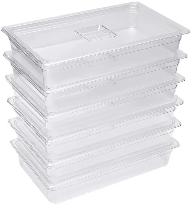 Main image of Hotel Pans, 6 Pack Full Size 4'' Deep Clear Food Pans with Lids, Commercial Stackable Food Pans, Polycarbonate Transparent Food Storage Containers, Freezer-Safe for Restaurant Hotel