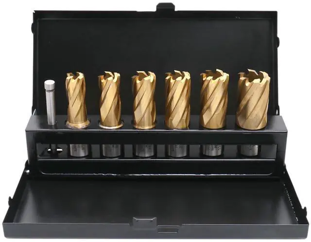 Main image of 9/16" to 15/16", 7 pc TiN Coated H.S.S. Annular Cutter Set, 3/4'' Weldon Shank, 1'' Cutting, Plus a Pilot Pin, BC01-1000 | 9/16" to 15/16" C.D.; 1" Cut, TiN Coated, 3/4" Weldon Shank, 7 Pcs