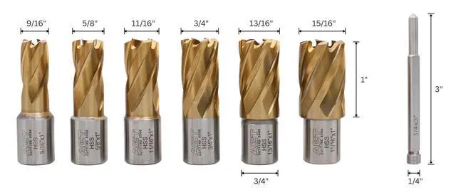 Alt view image 2 of 6 - 9/16" to 15/16", 7 pc TiN Coated H.S.S. Annular Cutter Set, 3/4'' Weldon Shank, 1'' Cutting, Plus a Pilot Pin, BC01-1000 | 9/16" to 15/16" C.D.; 1" Cut, TiN Coated, 3/4" Weldon Shank, 7 Pcs