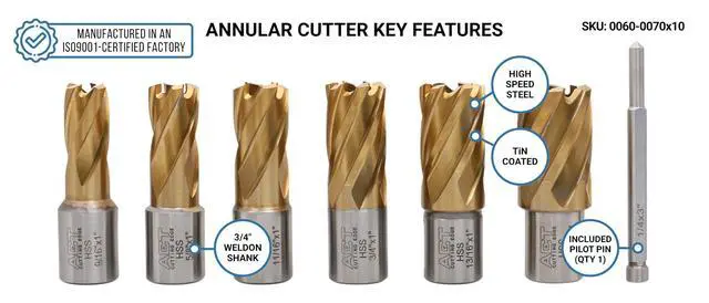 Alt view image 3 of 6 - 9/16" to 15/16", 7 pc TiN Coated H.S.S. Annular Cutter Set, 3/4'' Weldon Shank, 1'' Cutting, Plus a Pilot Pin, BC01-1000 | 9/16" to 15/16" C.D.; 1" Cut, TiN Coated, 3/4" Weldon Shank, 7 Pcs