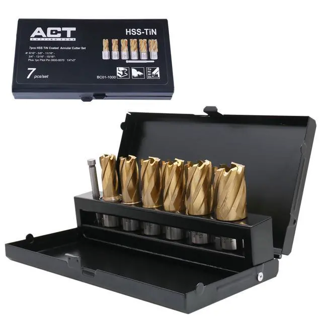 Alt view image 5 of 6 - 9/16" to 15/16", 7 pc TiN Coated H.S.S. Annular Cutter Set, 3/4'' Weldon Shank, 1'' Cutting, Plus a Pilot Pin, BC01-1000 | 9/16" to 15/16" C.D.; 1" Cut, TiN Coated, 3/4" Weldon Shank, 7 Pcs