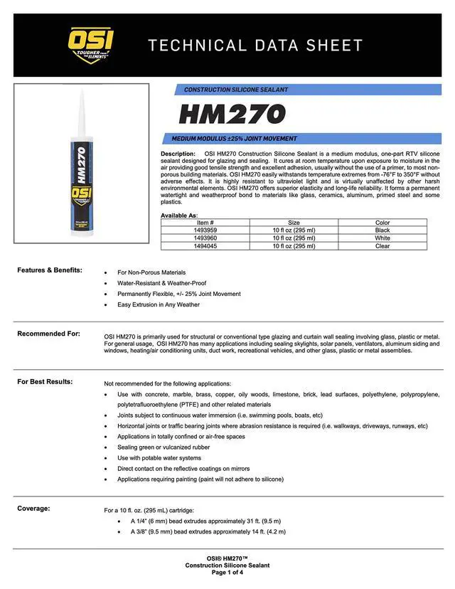 Alt view image 3 of 3 - HM270 Clear 000 Silicone Construction Sealant 10-Fluid Ounce Cartridge, Case of 12