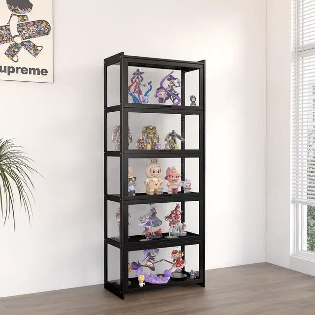 Main image of 5-Tier Display Cabinet Bamboo with Acrylic Glass Door Curio Display Case for Collectibles Toy Organizers Rack & Display Shelf Kids Bookshelf for Home, Office, Playroom, Living Room(Black)