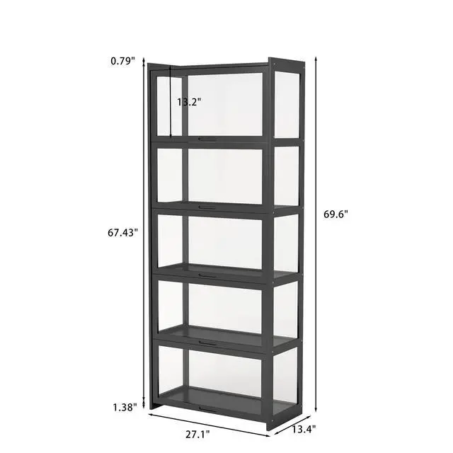 Alt view image 2 of 6 - 5-Tier Display Cabinet Bamboo with Acrylic Glass Door Curio Display Case for Collectibles Toy Organizers Rack & Display Shelf Kids Bookshelf for Home, Office, Playroom, Living Room(Black)