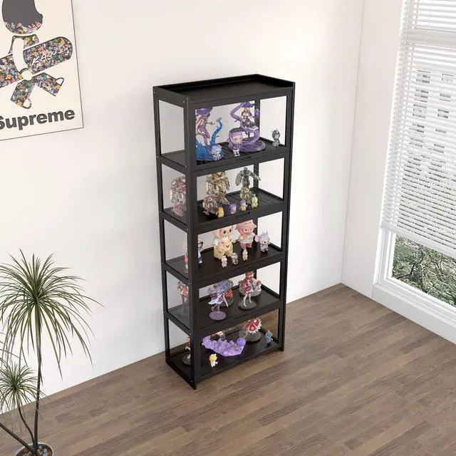 Alt view image 3 of 6 - 5-Tier Display Cabinet Bamboo with Acrylic Glass Door Curio Display Case for Collectibles Toy Organizers Rack & Display Shelf Kids Bookshelf for Home, Office, Playroom, Living Room(Black)