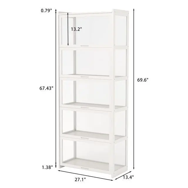 Alt view image 2 of 6 - 5-Tier Display Cabinet Bamboo with Acrylic Glass Door Curio Display Case for Collectibles Toy Organizers Rack & Display Shelf Kids Bookshelf for Home, Office, Playroom, Living Room(White)