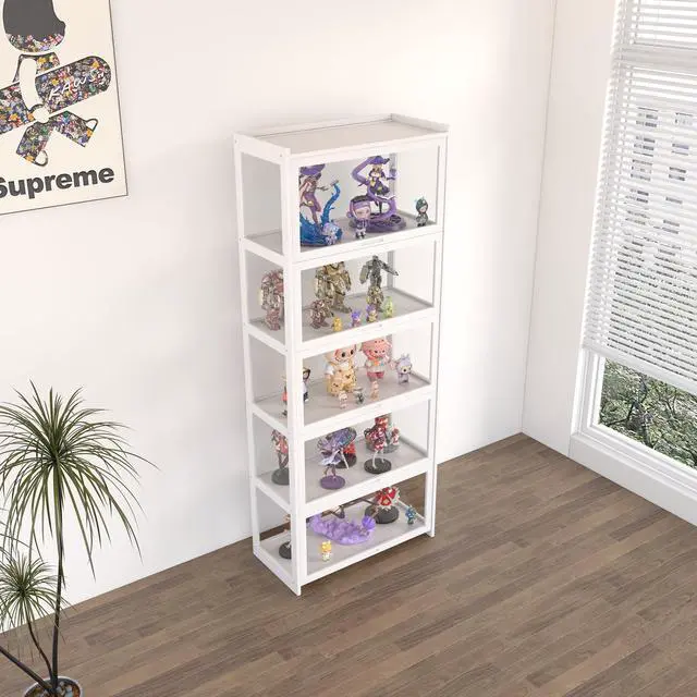 Alt view image 3 of 6 - 5-Tier Display Cabinet Bamboo with Acrylic Glass Door Curio Display Case for Collectibles Toy Organizers Rack & Display Shelf Kids Bookshelf for Home, Office, Playroom, Living Room(White)
