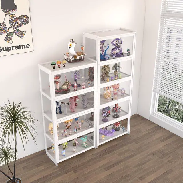 Alt view image 4 of 6 - 5-Tier Display Cabinet Bamboo with Acrylic Glass Door Curio Display Case for Collectibles Toy Organizers Rack & Display Shelf Kids Bookshelf for Home, Office, Playroom, Living Room(White)